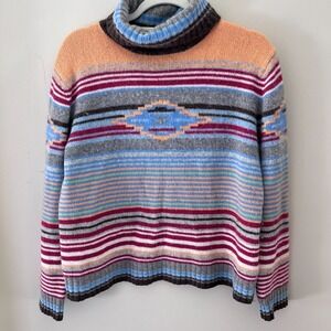 Wool Blend Striped‎ Southwestern Turtleneck Sweater Colorful Knit - Size M